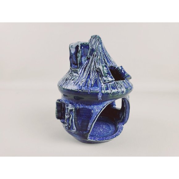 Cobalt Blue Glazed Art Pottery Fairy Cottage Tealight Candle Holder Artist Marke - Picture 13 of 14